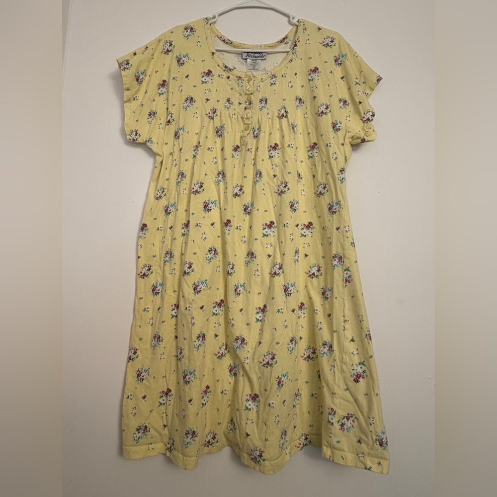 Vintage Anthony Richards Nightgown Womens L Yellow Delicate Floral Cotton Henley